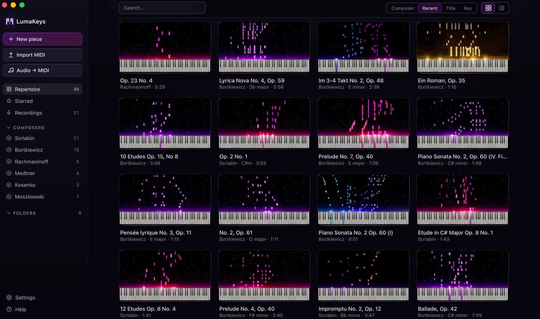 The LumaKeys repertoire library — a grid of pieces, each with its own falling-note preview